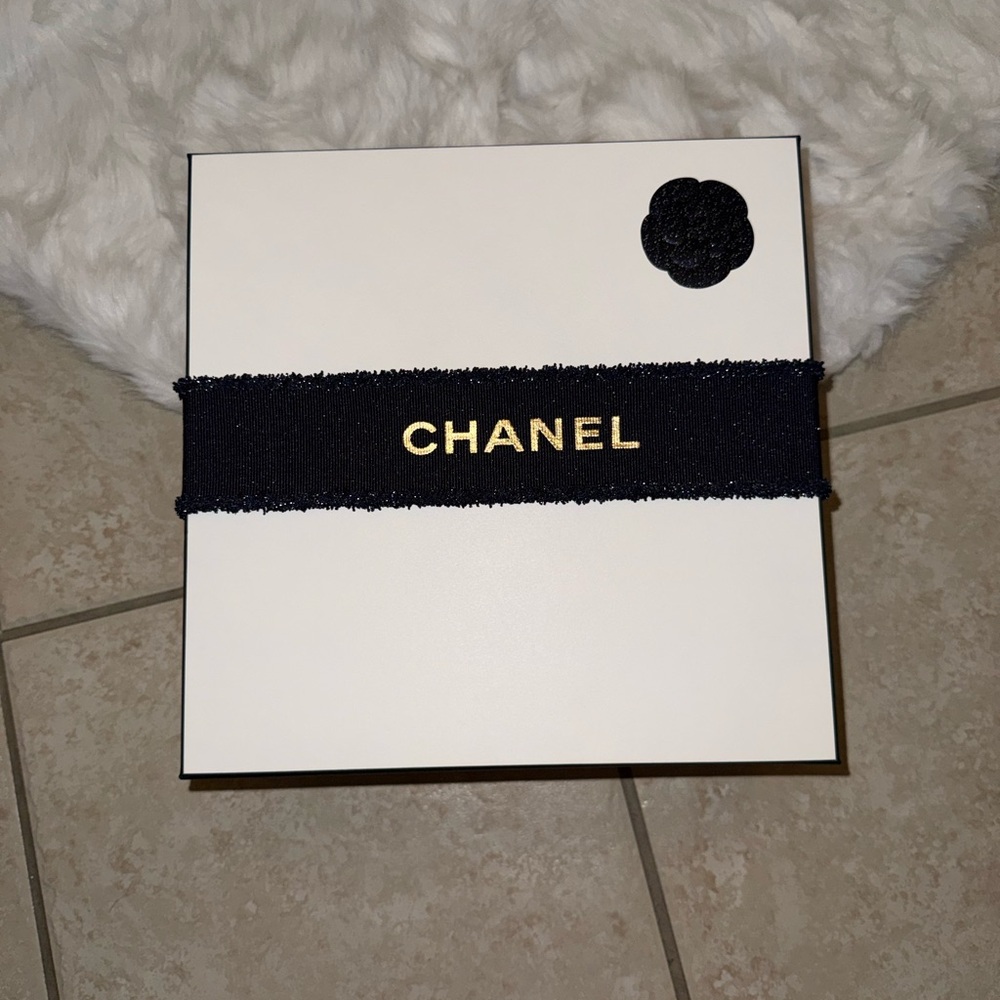 Chanel White Box with Navy Blue Ribbon and Gold Logo with Camelia flower